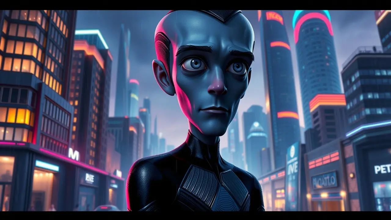 Sonhar com Megamente: Decifre os Significados Ocultos Megamente reflexivo em cidade futurista