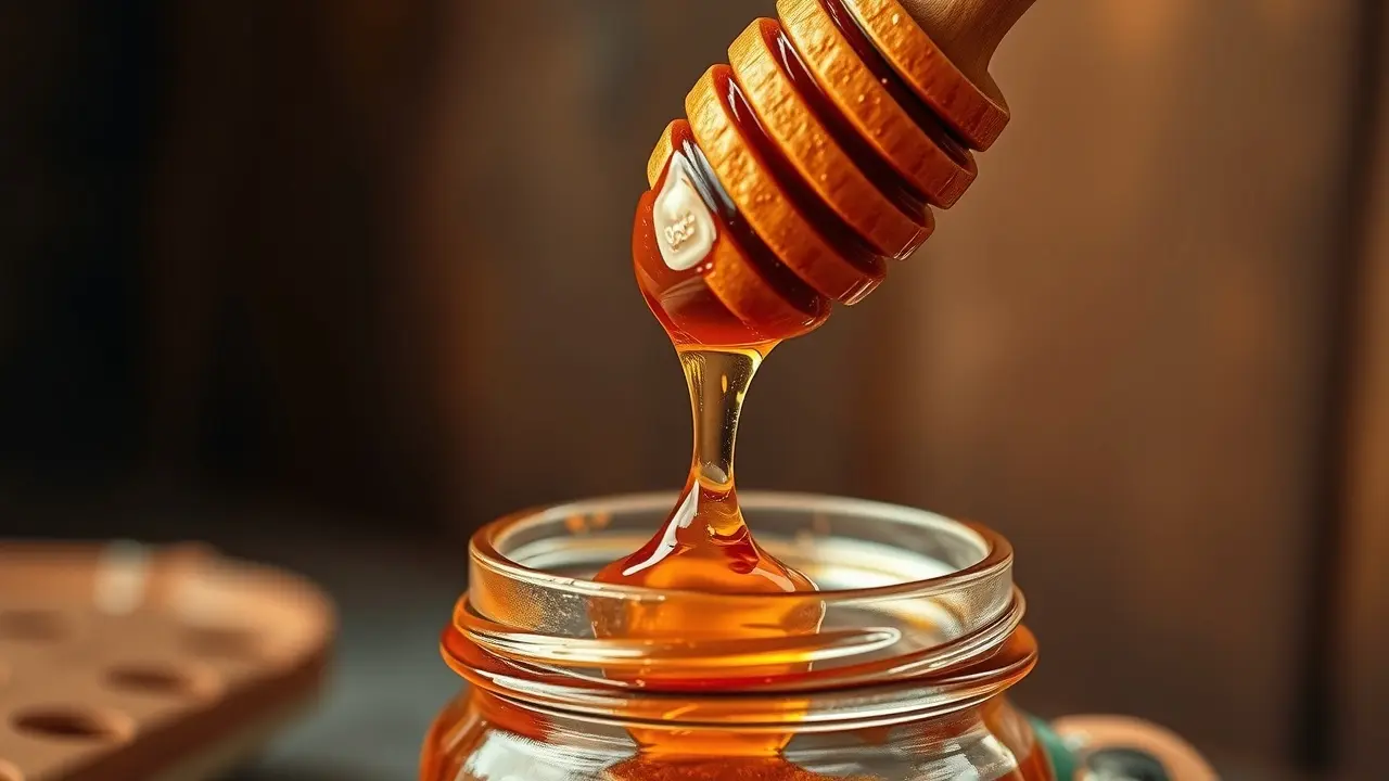 Um pote de mel dourado com um pegador de mel, representando o significado de sonhar com mel.