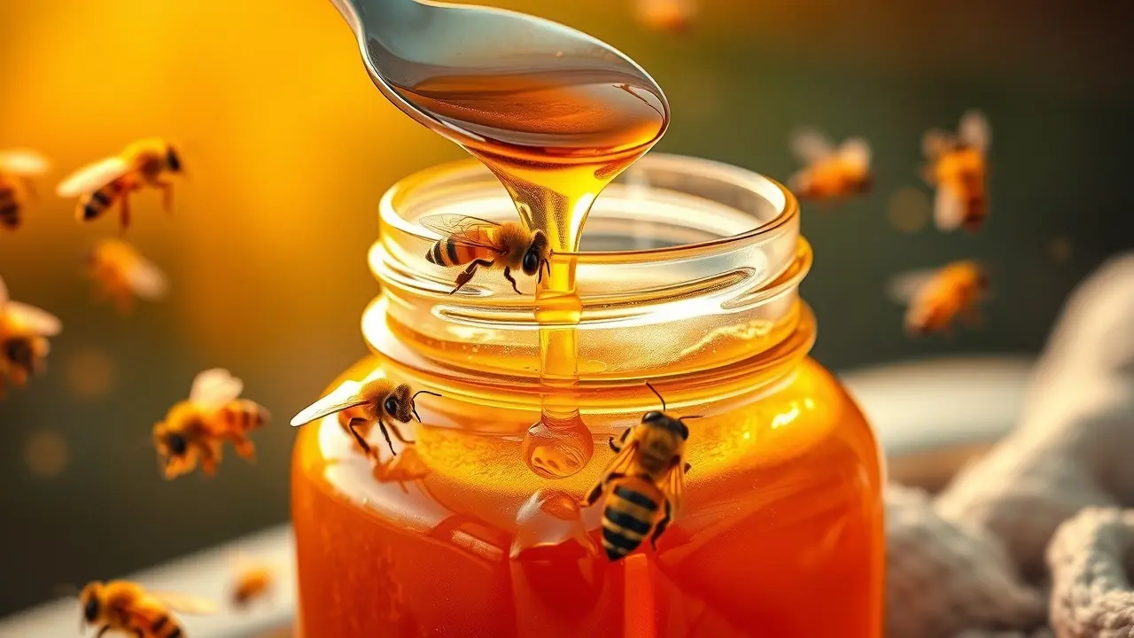 Pote de mel dourado e abelhas.
