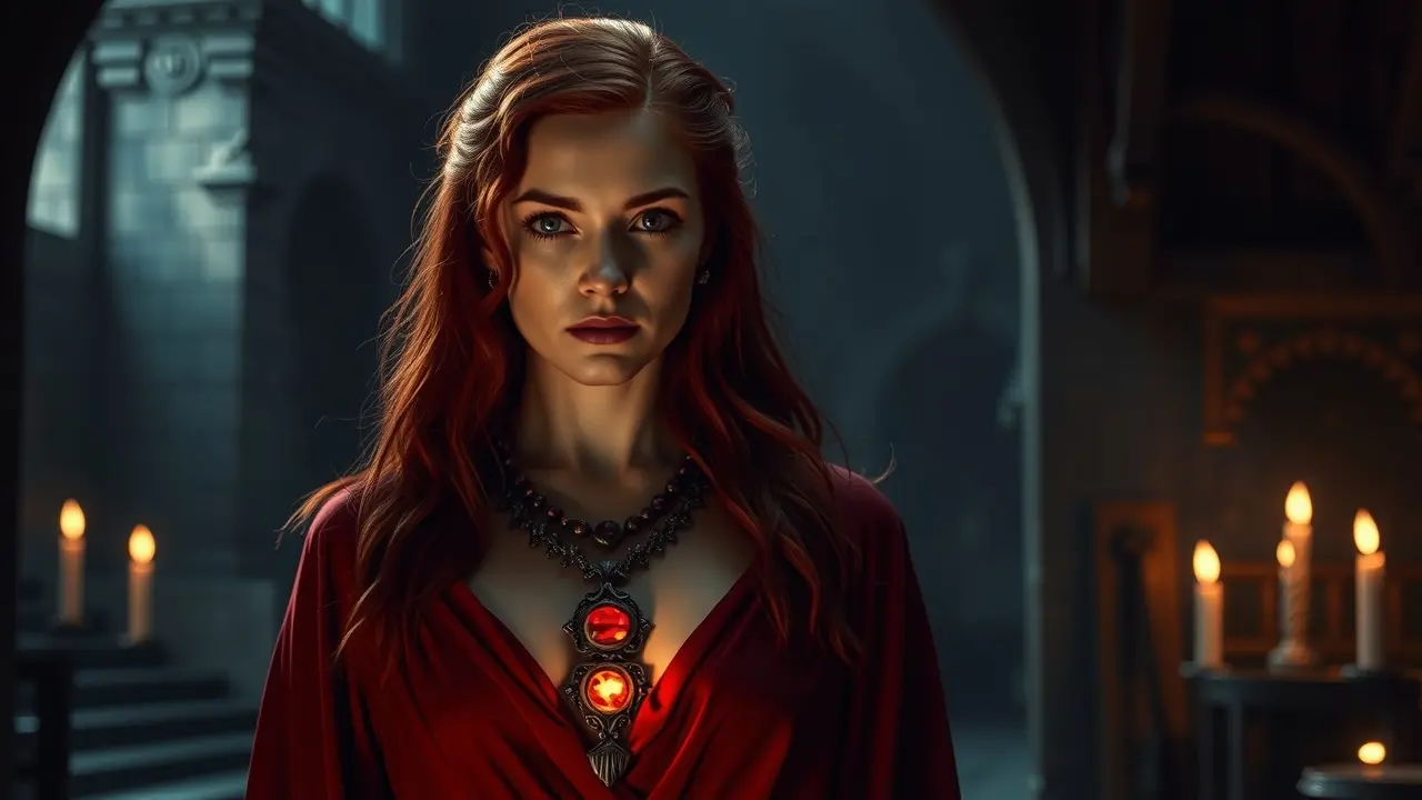 Sonhar com Melisandre: Desvende os Mistérios da Sacerdotisa Vermelha Melisandre, a Sacerdotisa Vermelha, com olhar penetrante