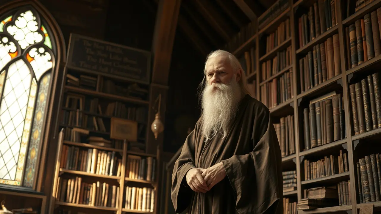 Sonhar com Melquíades: Decifrando os Mistérios do Inconsciente Homem sábio em biblioteca antiga