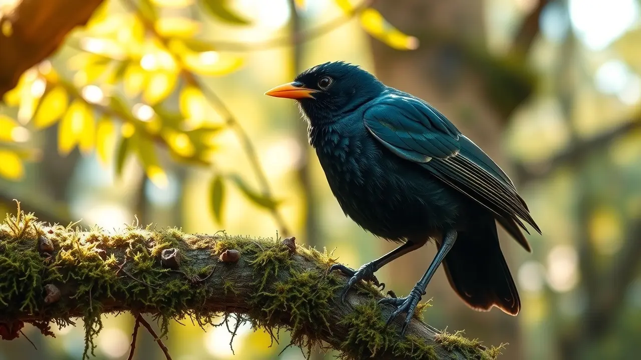 Sonhar com Melro: Desvende os Significados e Simbolismos Ocultos Melro empoleirado em um galho coberto de musgo.