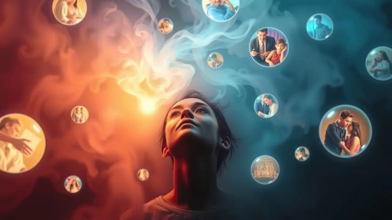 Sonhar com Mem: Descubra o Significado e as Interpretações! Pessoa rodeada por memórias oníricas e luzes