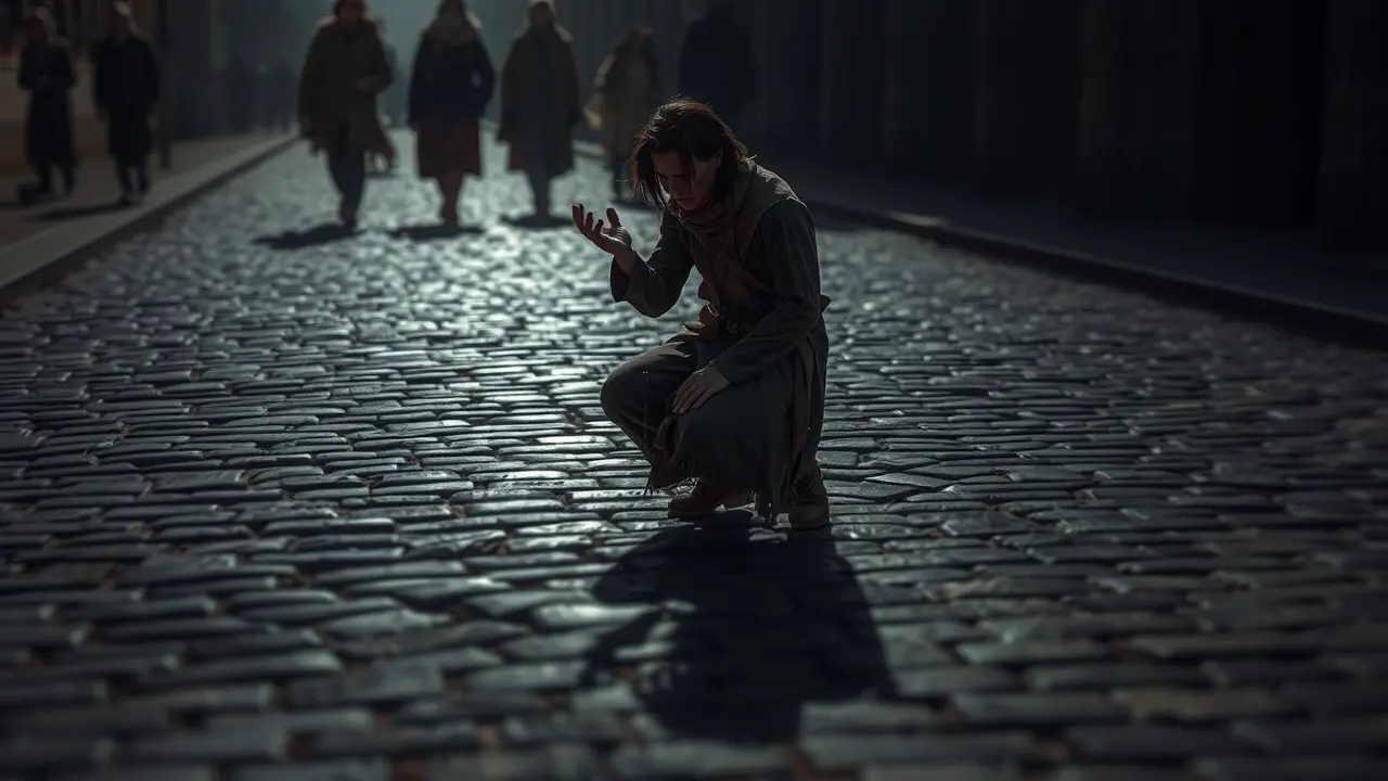 Sonhar com Mendicância: Desvende os Significados Ocultos Pessoa mendigando em rua escura.