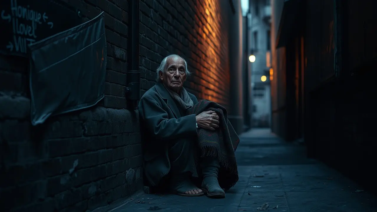Homem idoso mendigando em beco escuro.