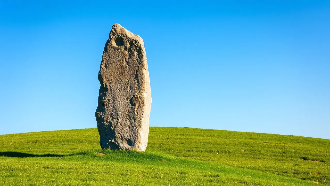 Menhir imponente em campo verde.