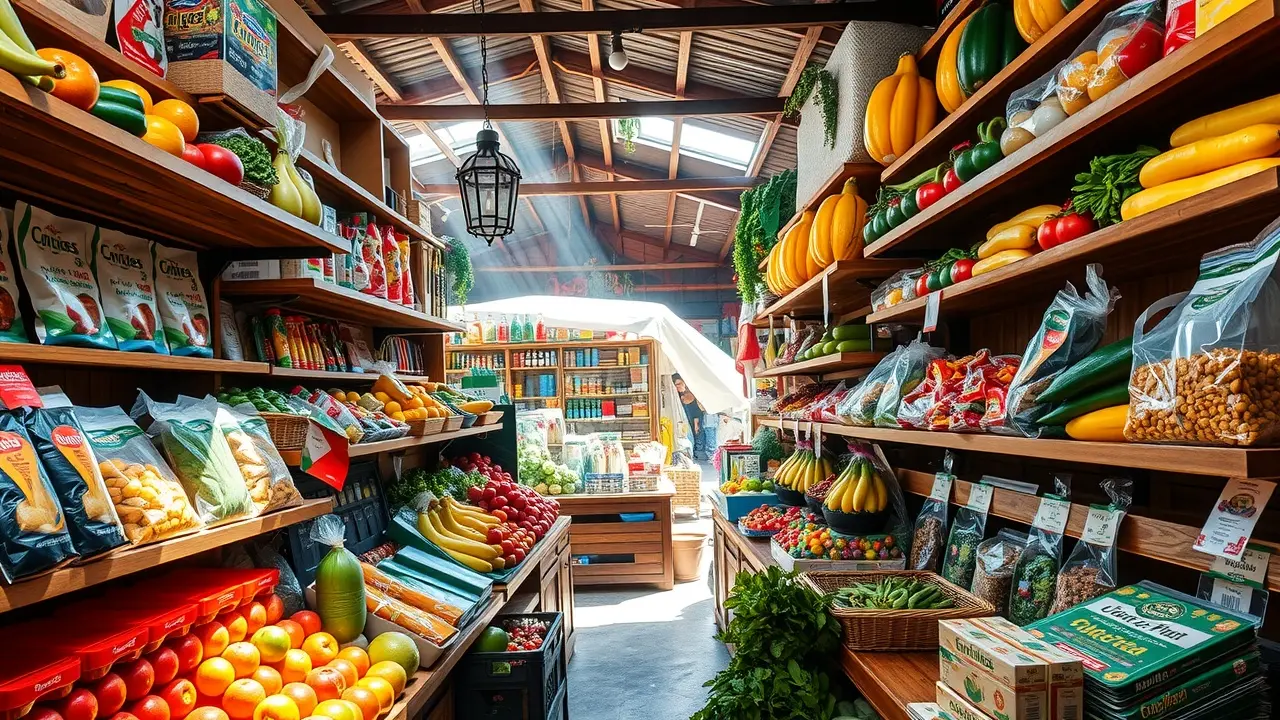 Mercearia brasileira repleta de produtos coloridos.