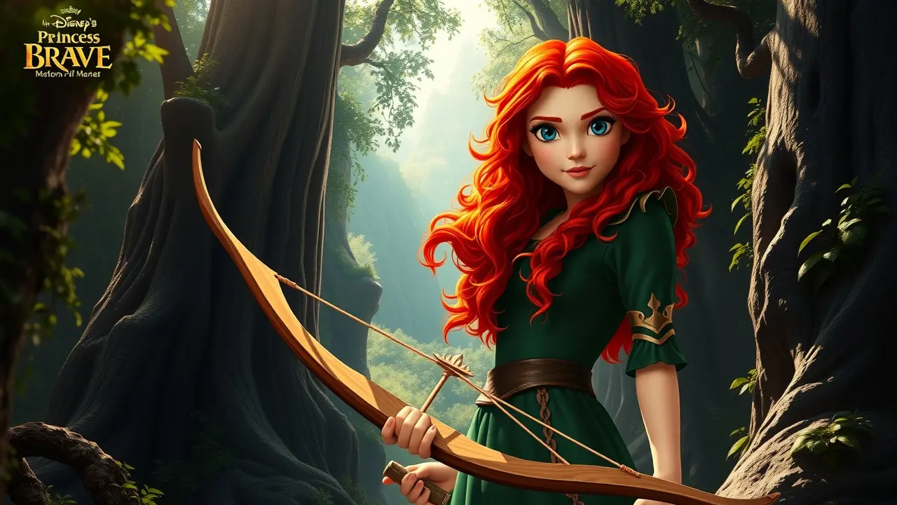 Princesa Mérida com arco na floresta