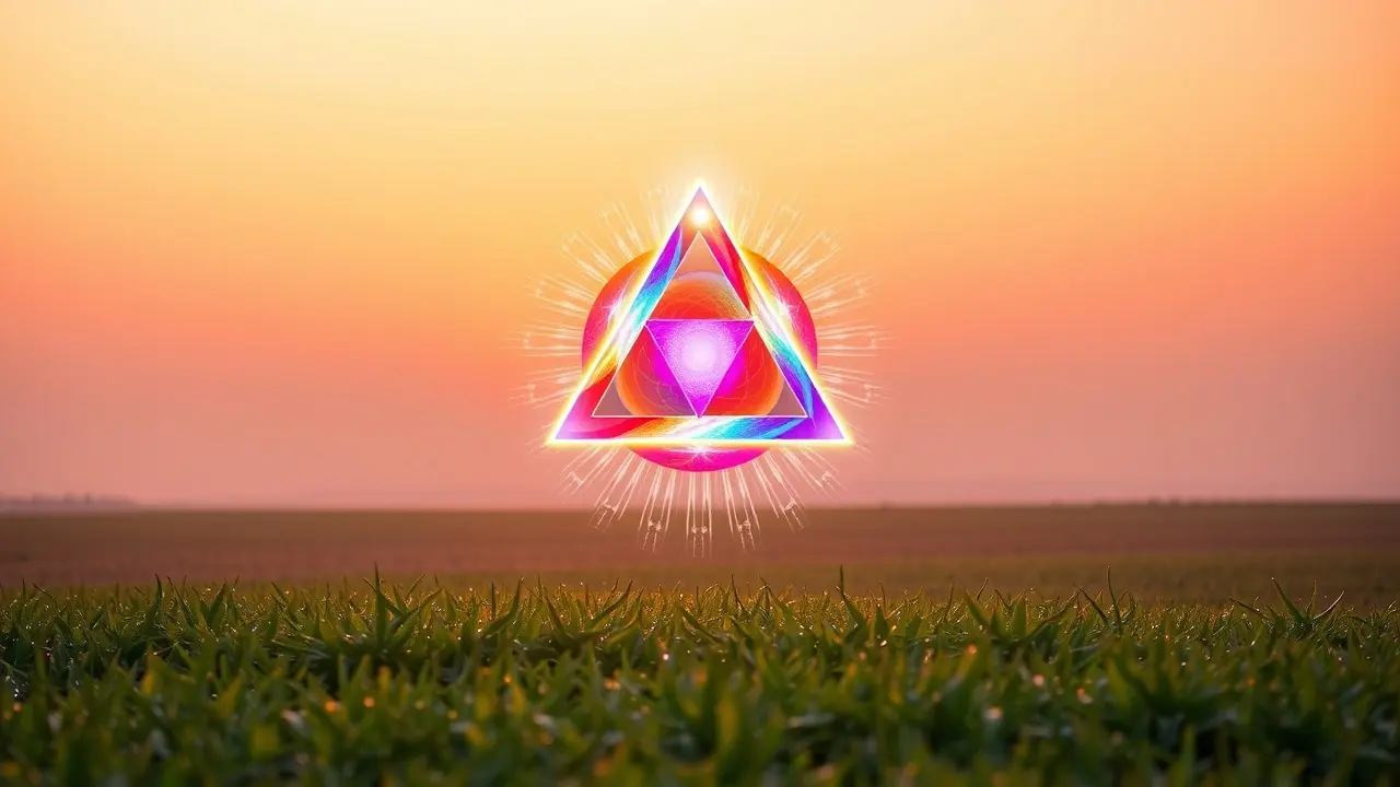 Sonhar com Merkaba: Desvende os Segredos Deste Portal Estelar Merkaba brilhante em campo verde ao amanhecer