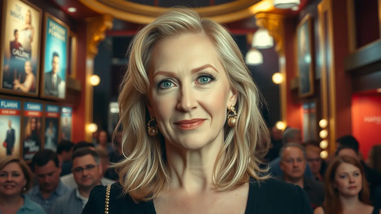 Mulher semelhante a Meryl Streep sorrindo em cinema.