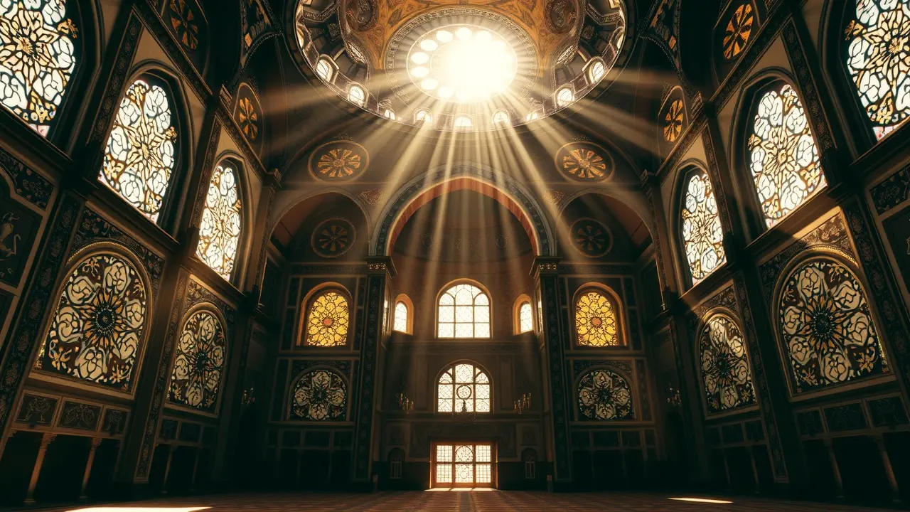 Interior de uma mesquita iluminada pela manhã