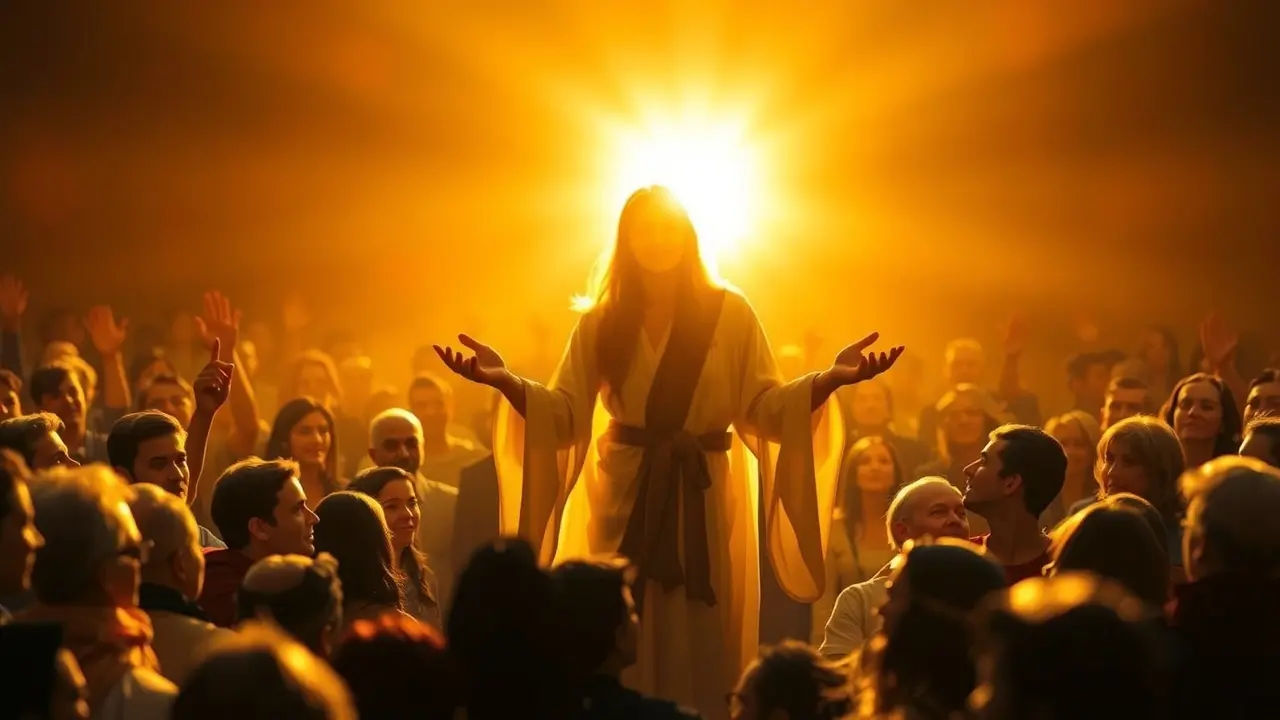 Figura messiânica abençoando multidão em sonho.