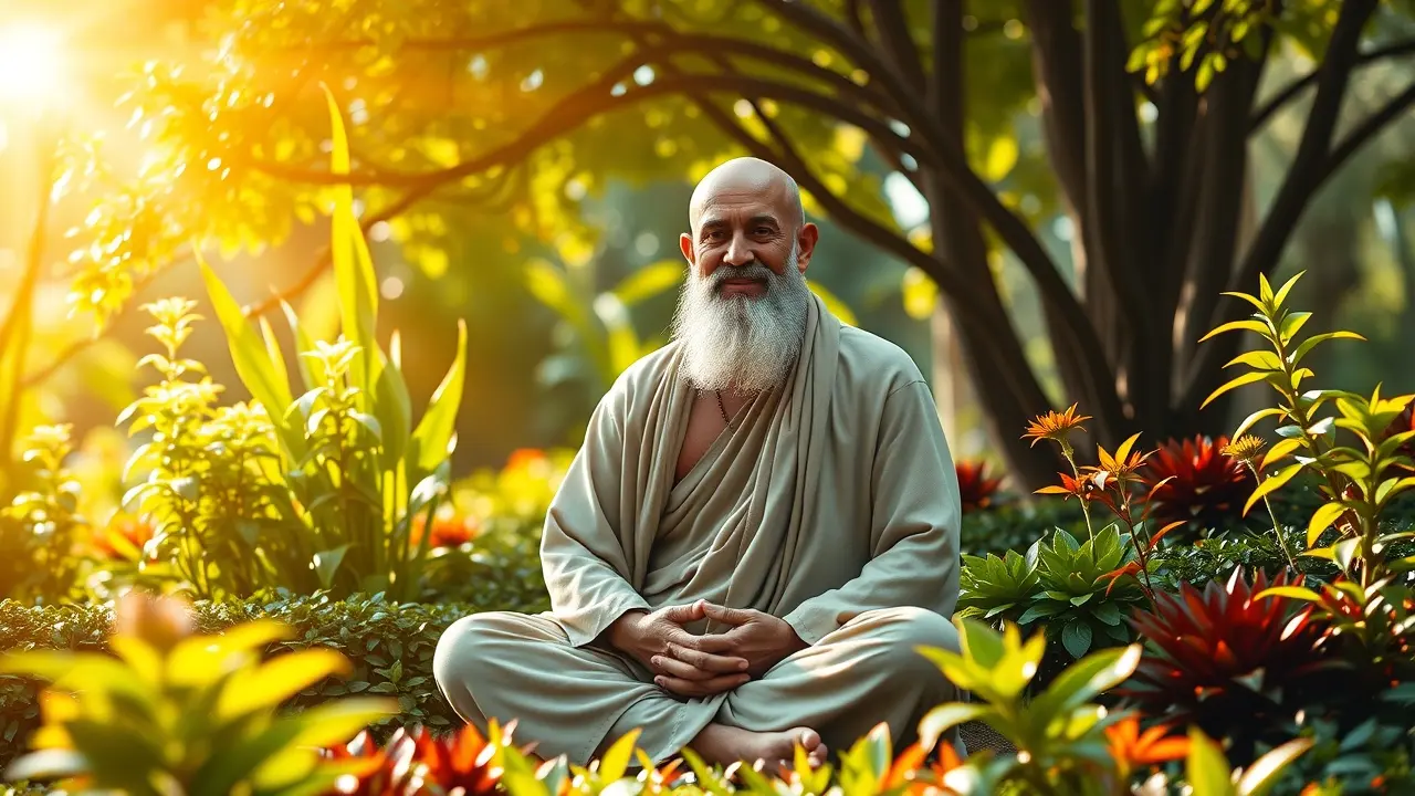 Mestre espiritual sorrindo em jardim exuberante.
