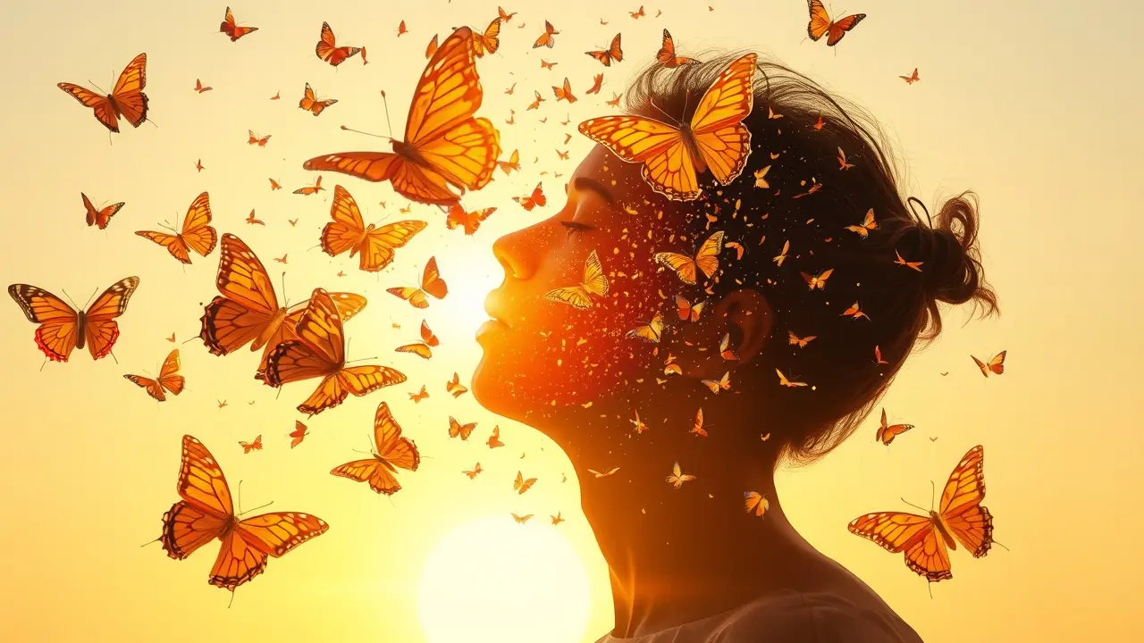 Sonhar com Metamorfose: Descubra os Significados Ocultos Pessoa se transformando em borboletas em um amanhecer radiante
