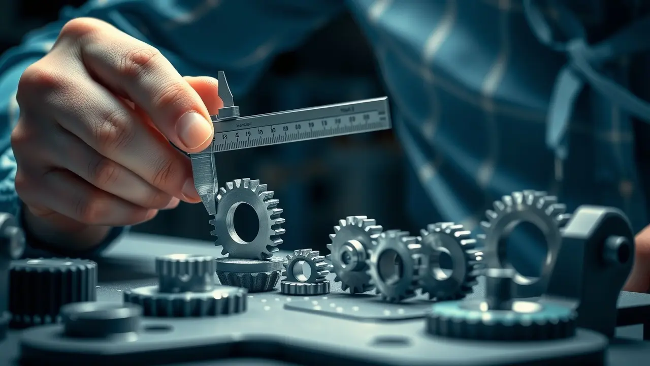 Pessoa medindo engrenagens com ferramentas de precisão