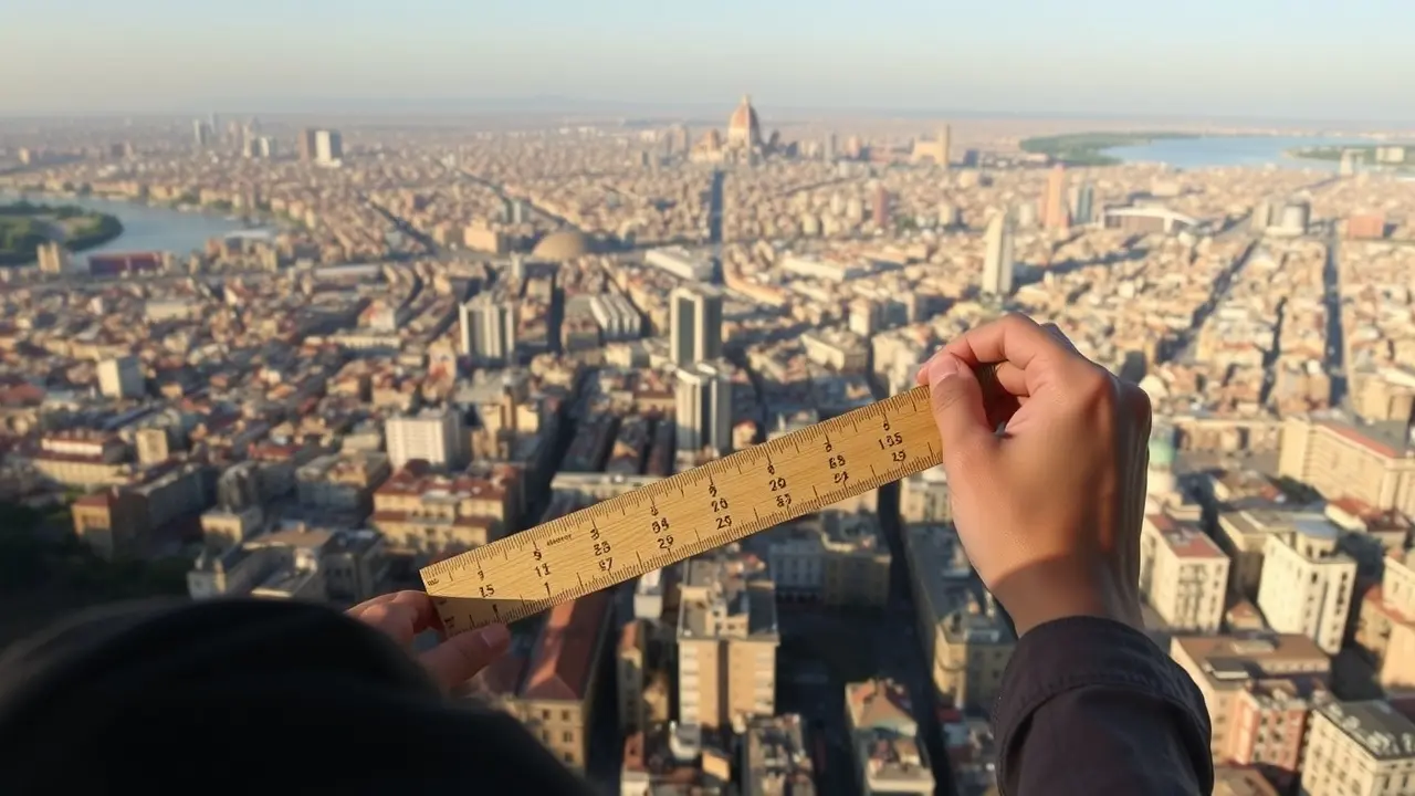 Pessoa medindo paisagem urbana com régua de madeira.