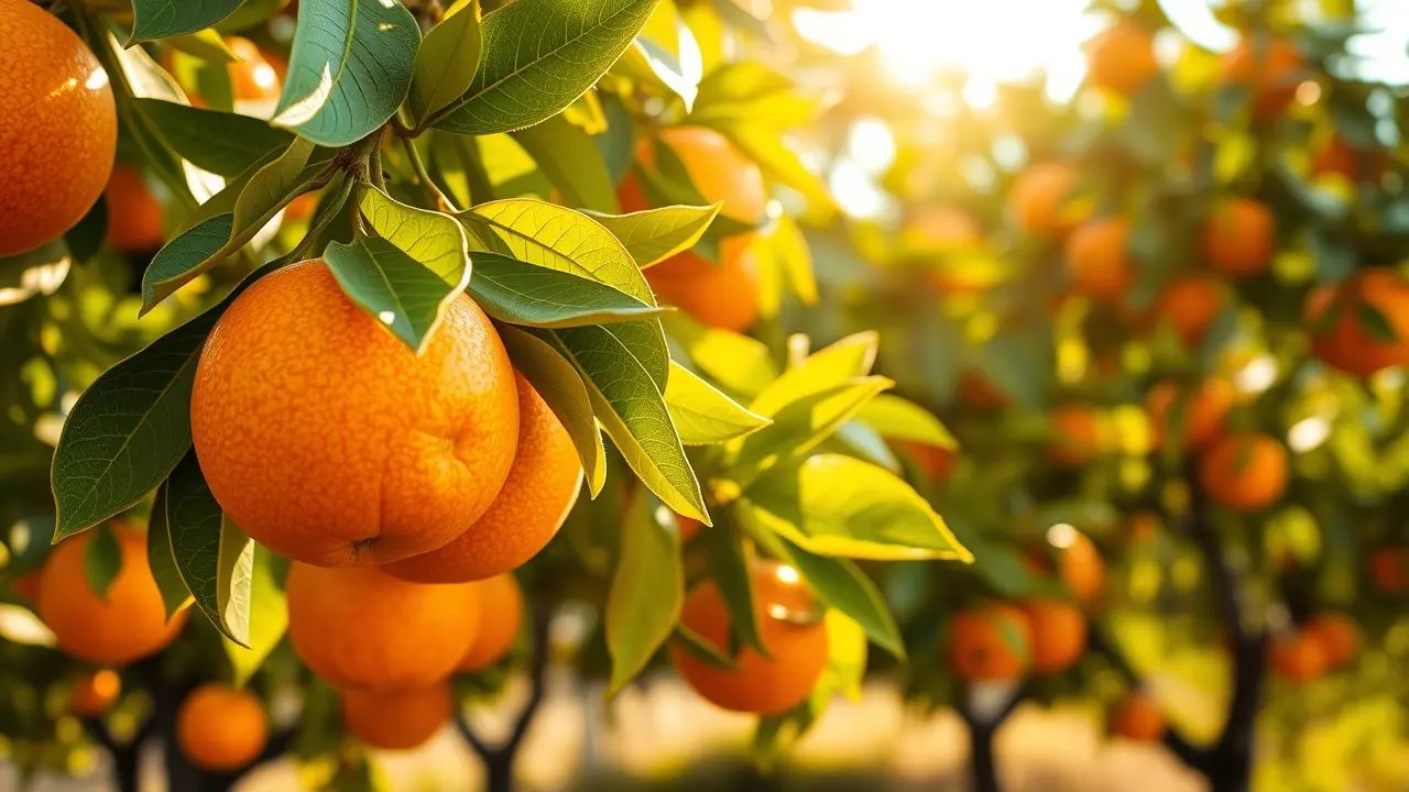 Significado de Sonhar com Mexerica: Interpretações e Simbolismos Tangerinas maduras penduradas em um pomar ensolarado.