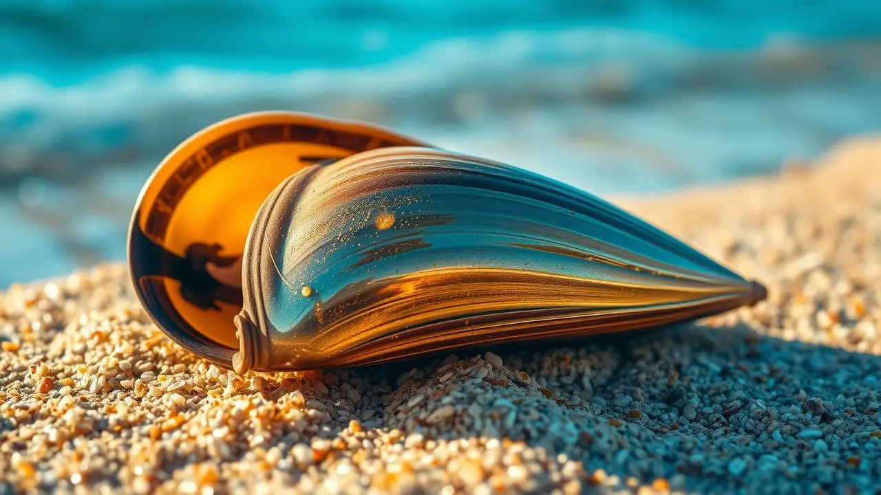 Mexilhão dourado brilhante na areia da praia