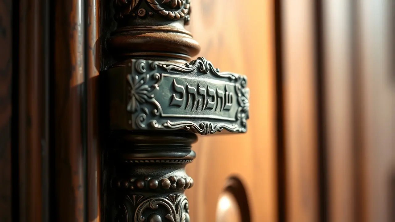 Mezuzá em batente de porta de madeira.