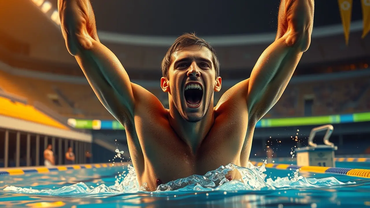 Michael Phelps saindo da piscina vitorioso