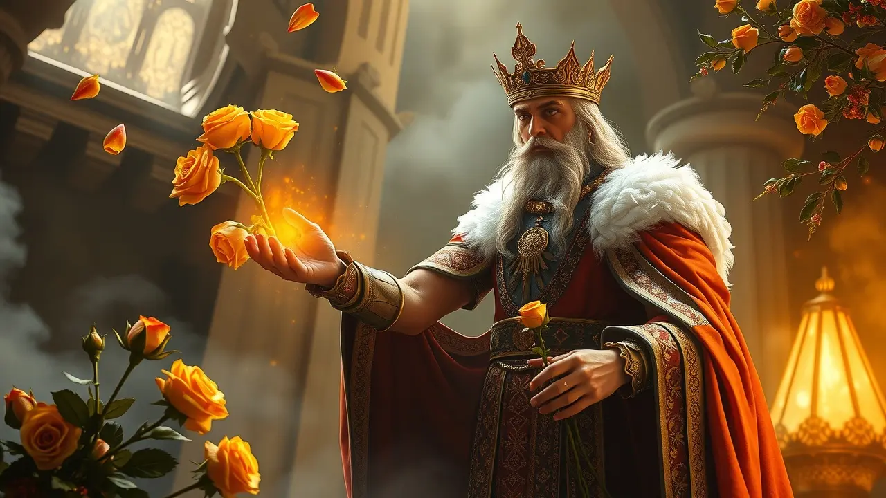 Sonhar com Midas: Descubra o Significado Oculto e Suas Implicações Rei Midas transformando rosas em ouro em um sonho.