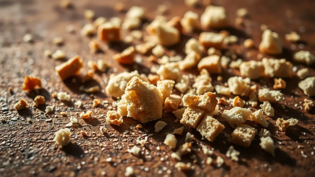 Sonhar com Migalha: Descubra os Significados Ocultos! Migalhas de pão espalhadas sobre mesa de madeira.