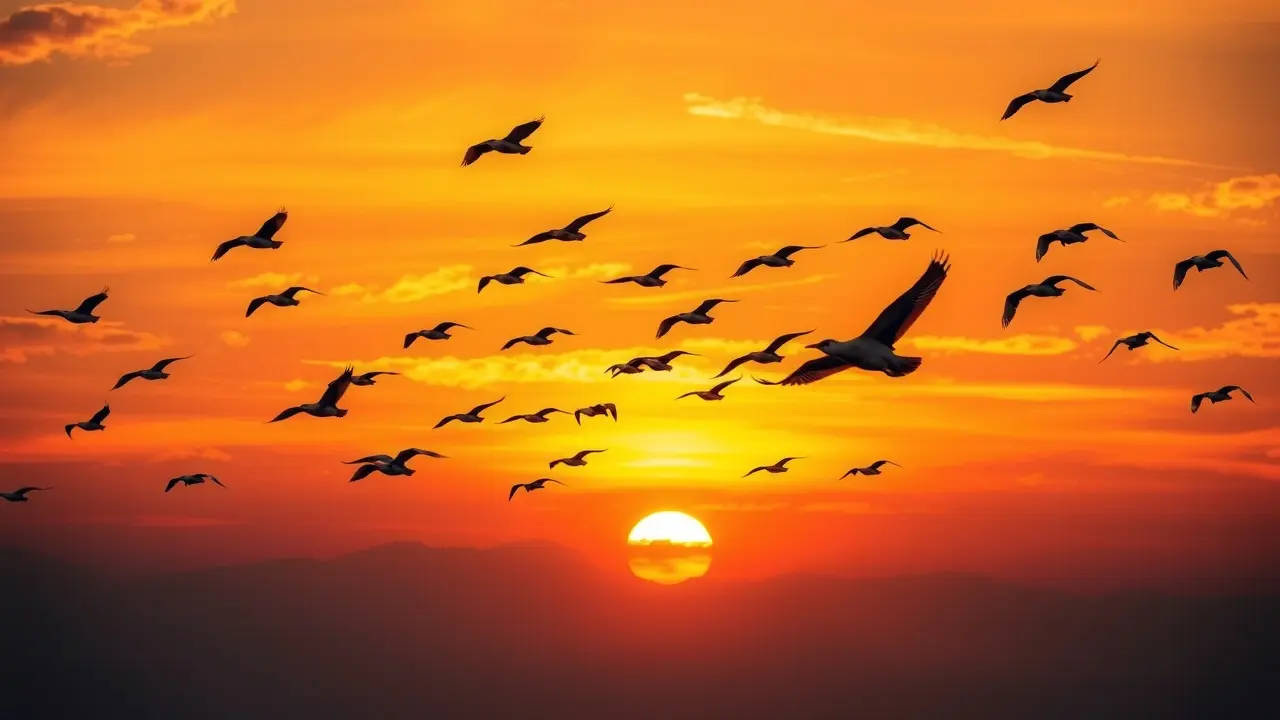 Sonhar com Migração: Descubra os Significados Ocultos! Pássaros migrando ao pôr do sol.