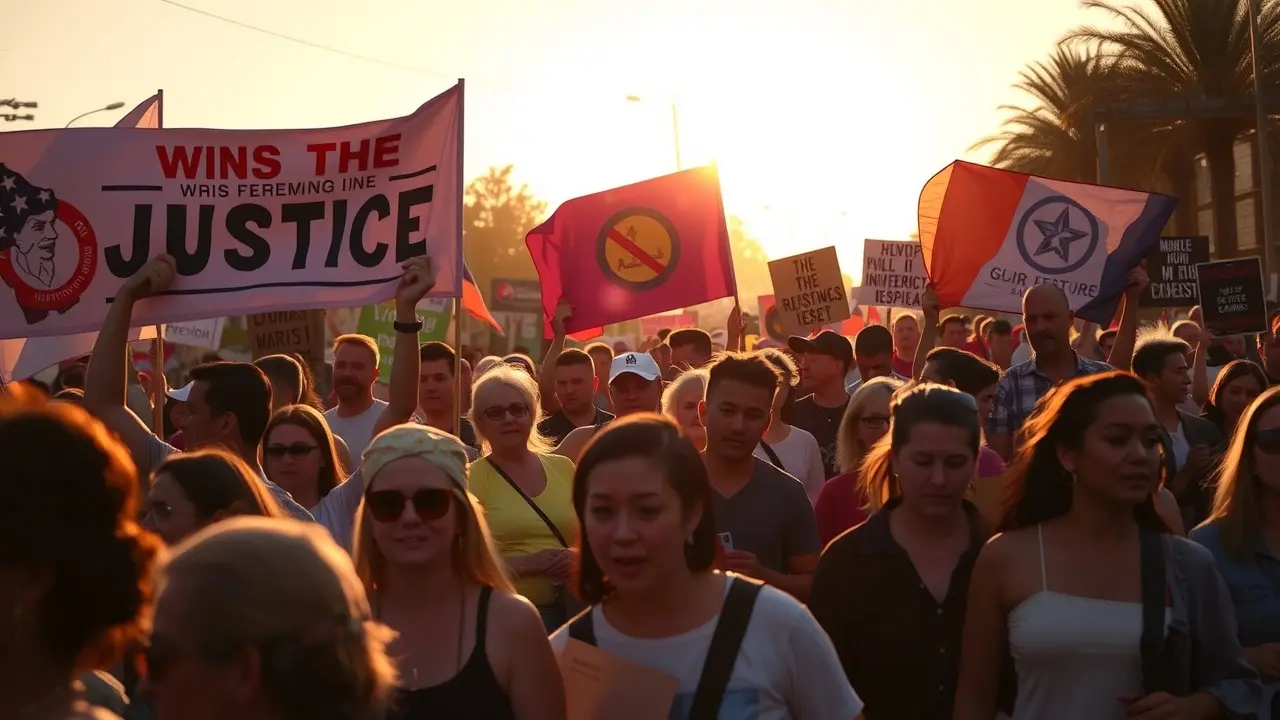 Sonhar com Militância: Desvende os Significados! Pessoas marchando em protesto pacífico ao pôr do sol