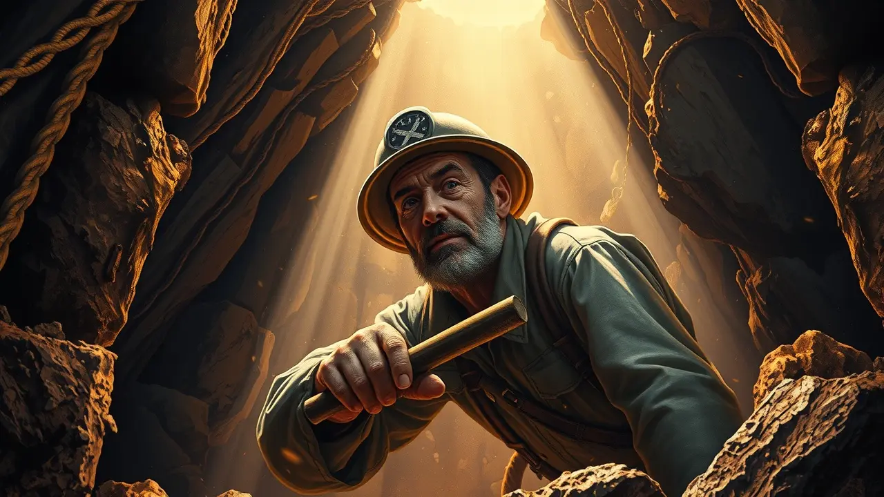 Significado de Sonhar com Mina: Desvende os Mistérios do Subconsciente Um mineiro trabalhando em uma mina escura, com veios de ouro nas paredes.