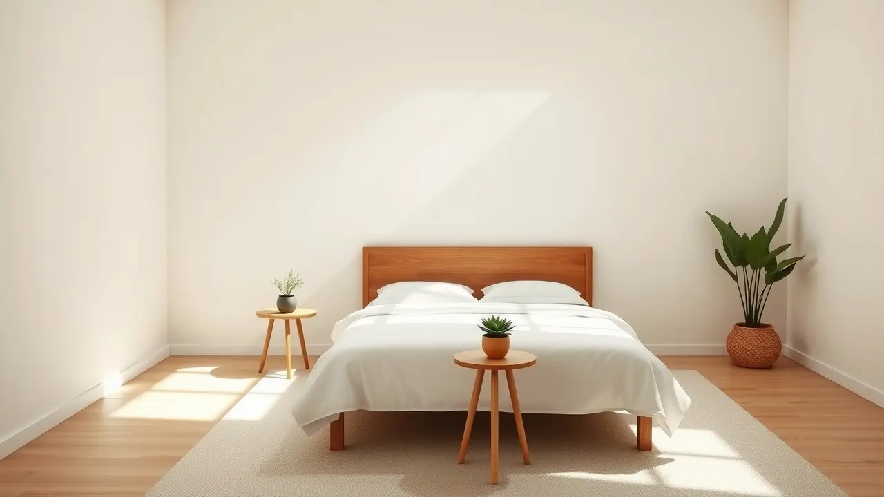 Sonhar com Minimalismo: Descubra o Significado Profundo Quarto minimalista e sereno com cama de madeira e luz natural.
