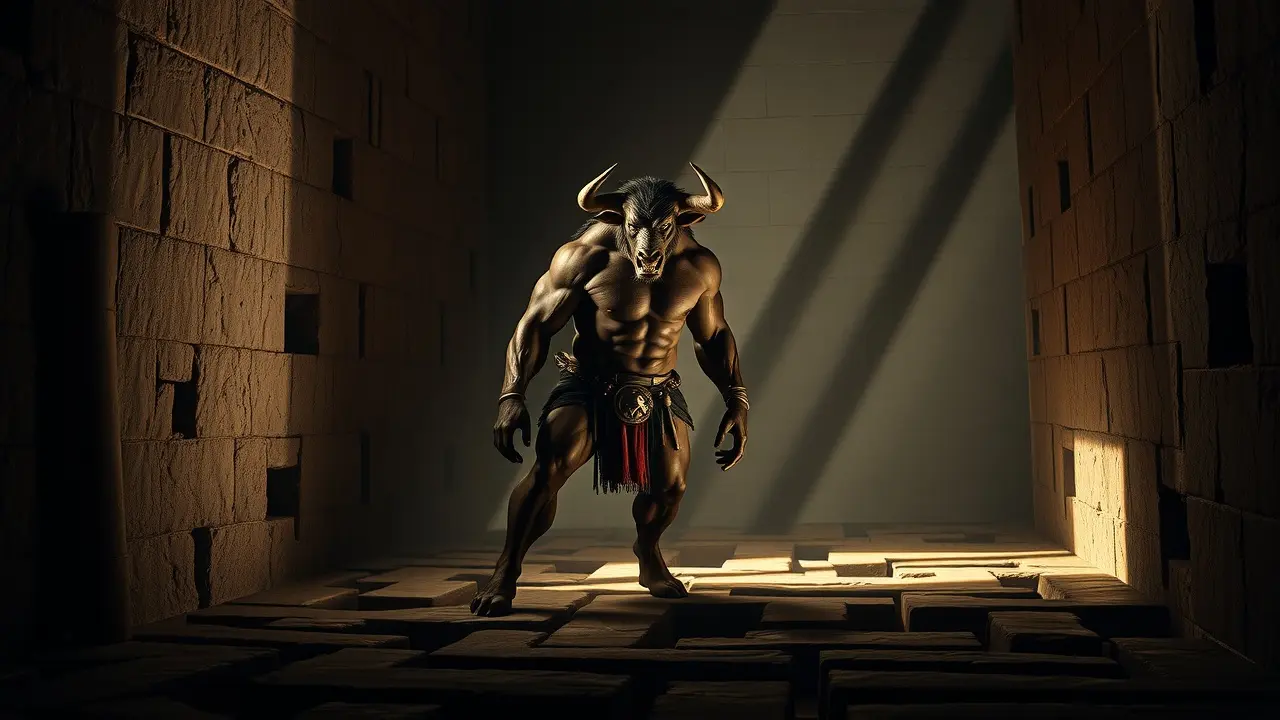 Sonhar com Minotauro: Desvende os Significados Ocultos Minotauro em um labirinto escuro.