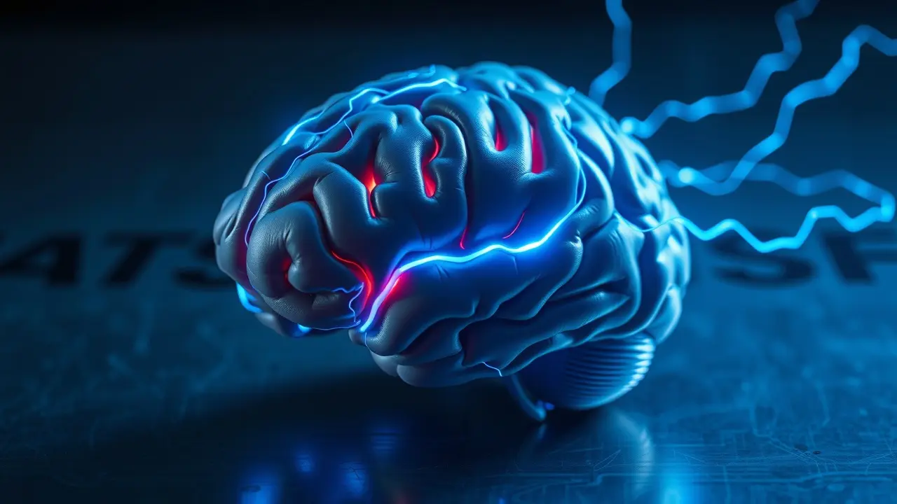 Cérebro pulsante com energia azul, close-up realista.