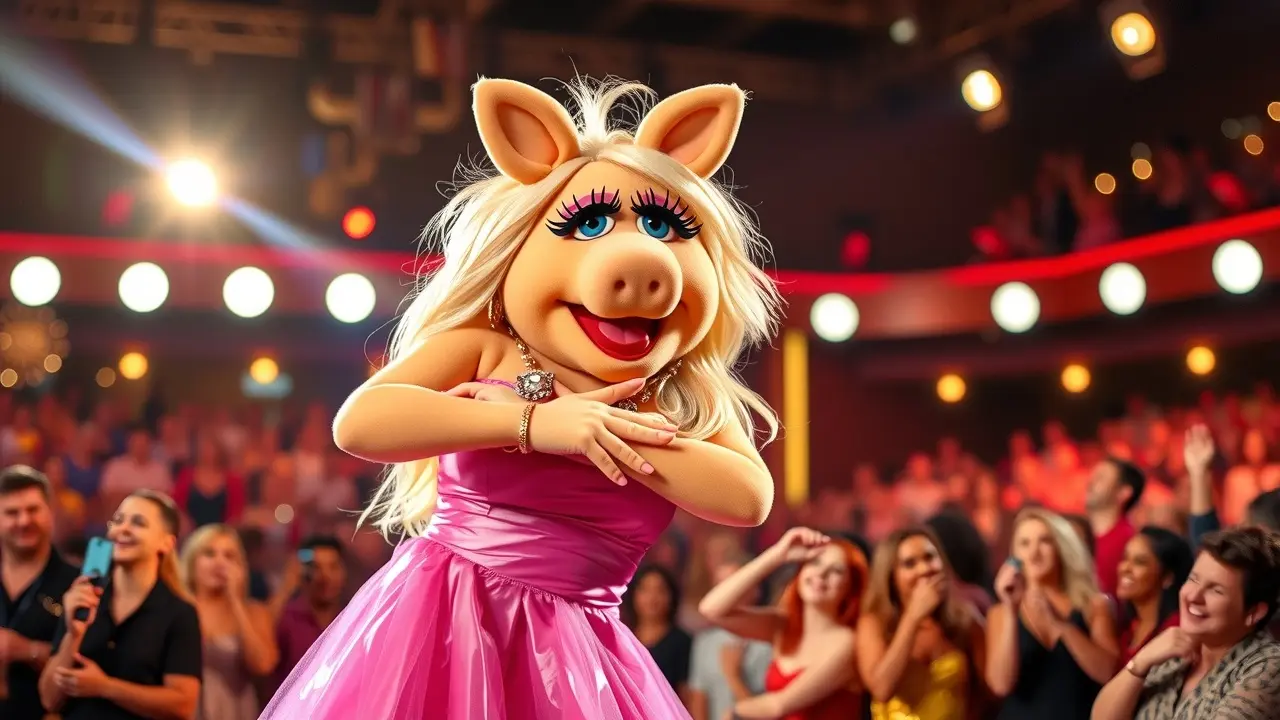 Miss Piggy radiante em vestido rosa