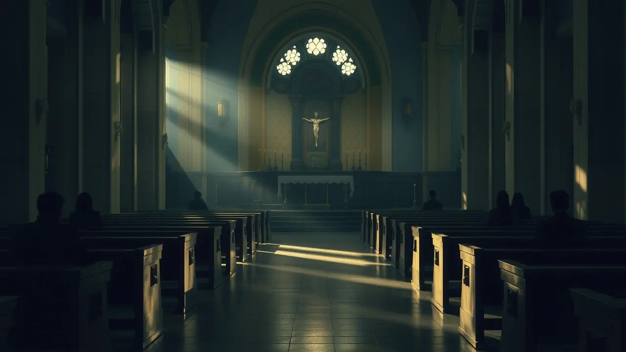 Interior de igreja para missa de réquiem, ambiente calmo e reflexivo