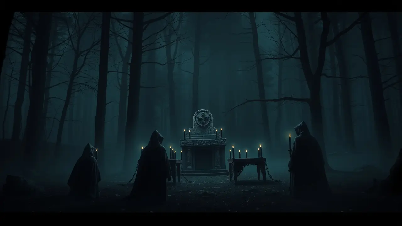 Sonhar com Missa Negra: Desvendando Significados e Simbolismos Cena sombria de missa negra com figuras encapuzadas e altar de pedra.