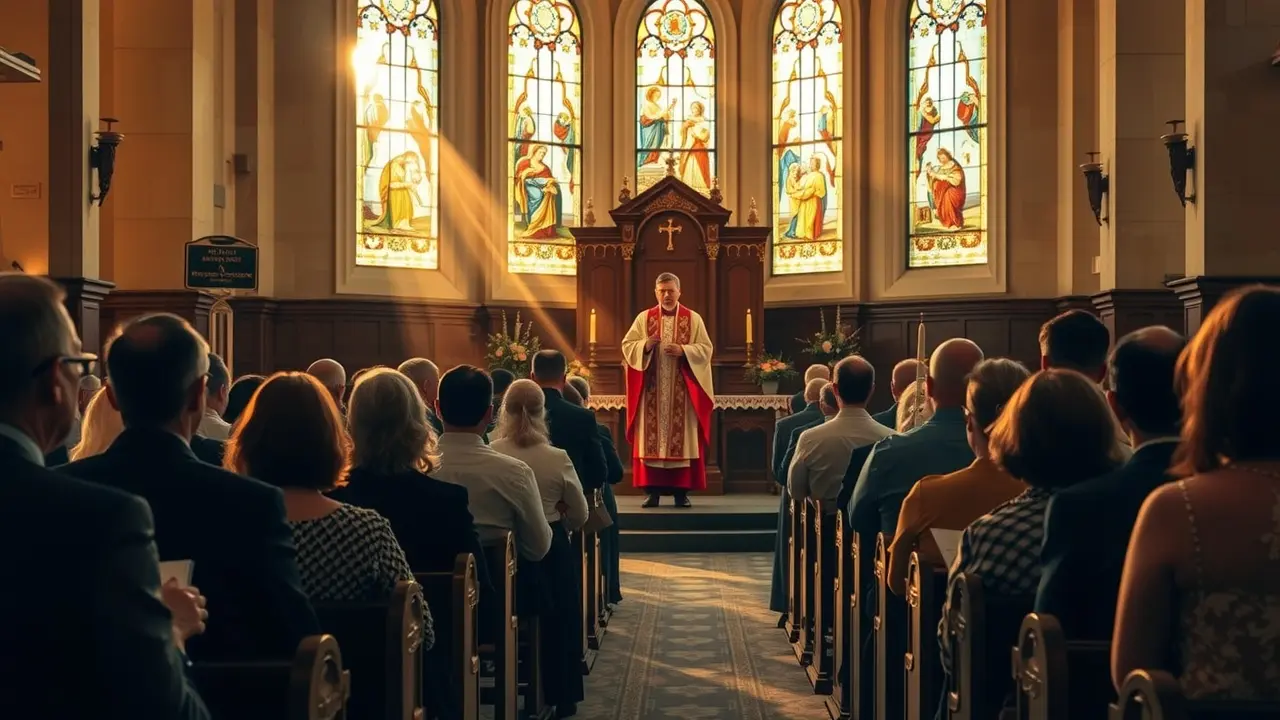 Pessoas assistindo a missa em igreja católica.