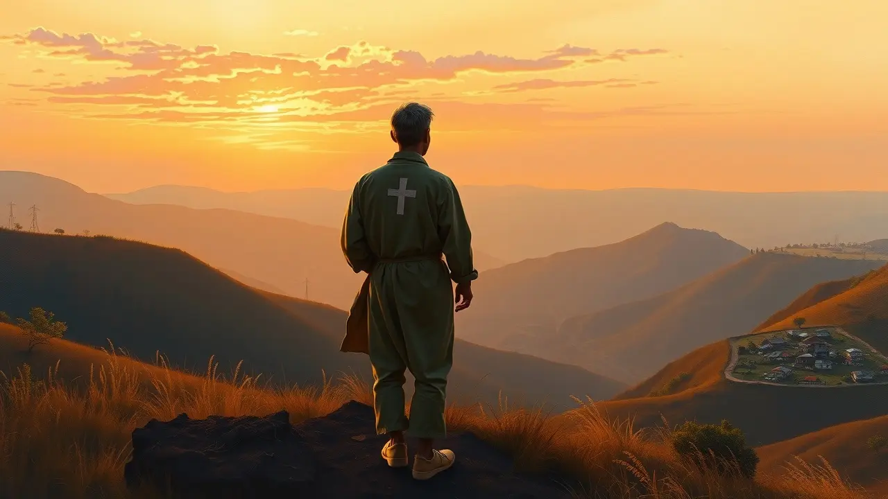 Um missionário contemplando o amanhecer de uma colina.