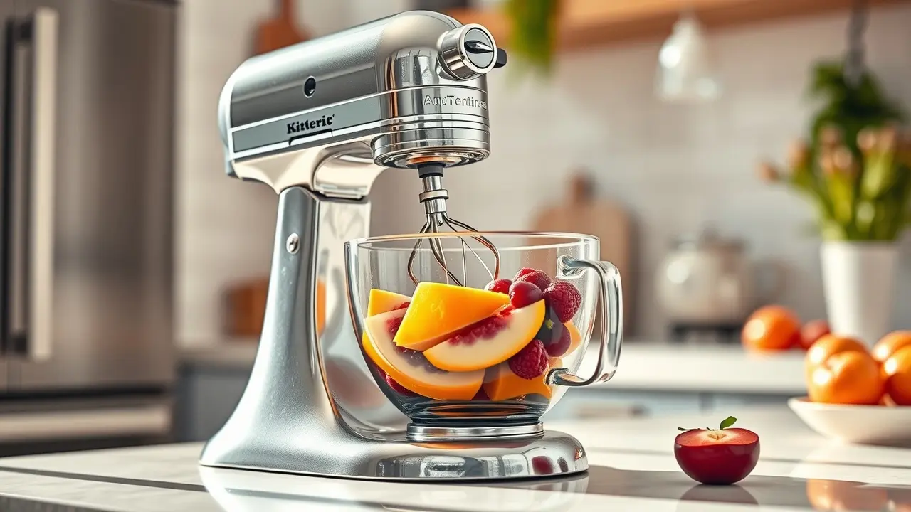 Misturador moderno preparando ingredientes coloridos.