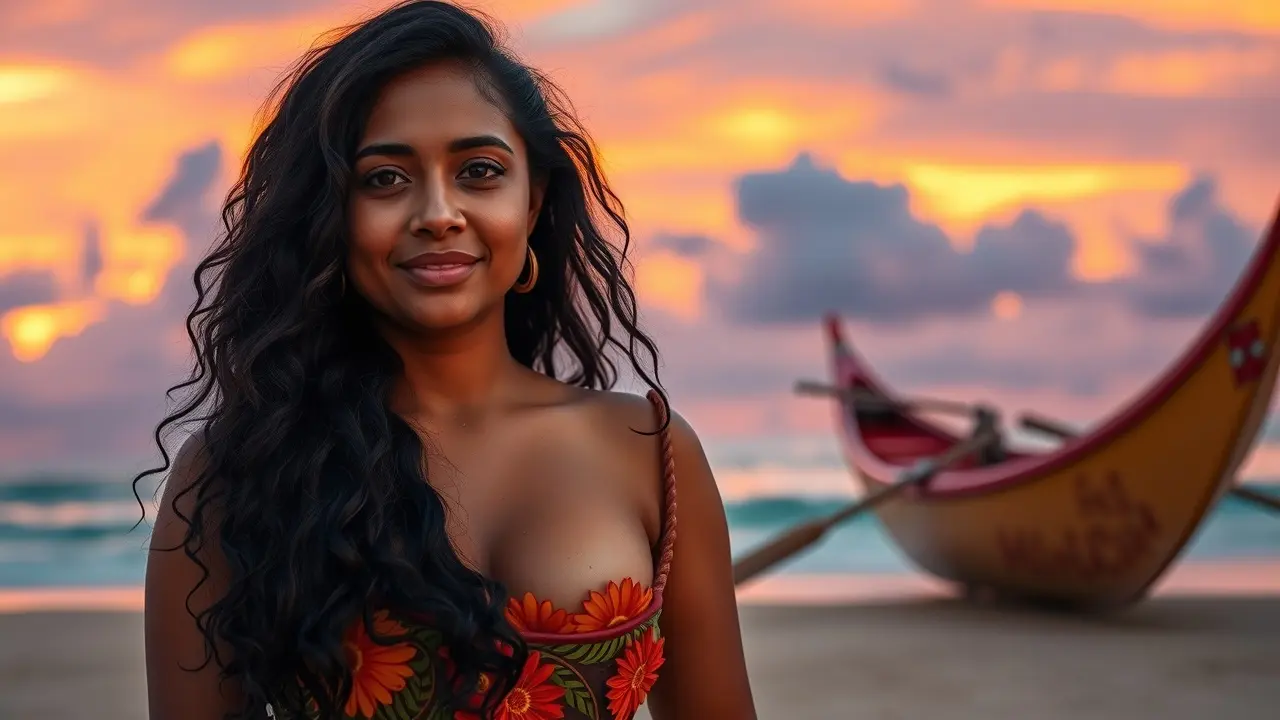 Significado de Sonhar com Moana: Desvende os Mistérios do Oceano Moana em uma praia ao pôr do sol