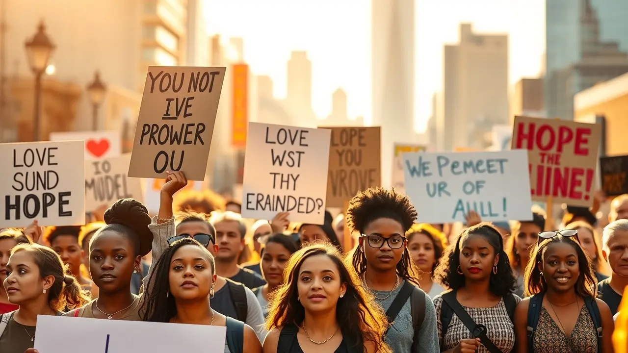 Grupo diverso protestando pacificamente