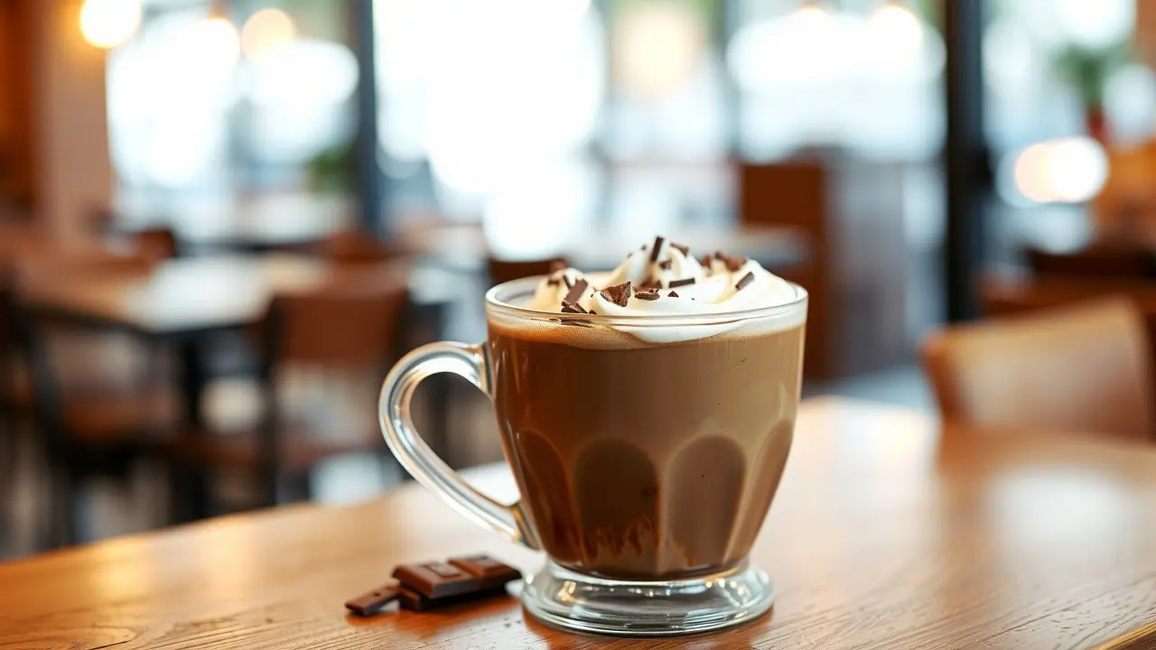 Xícara fumegante de mocha com raspas de chocolate e chantilly.