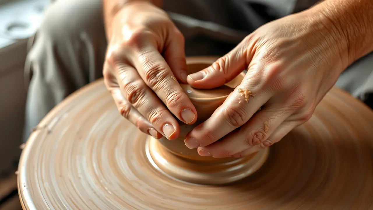 Mãos modelando argila no torno