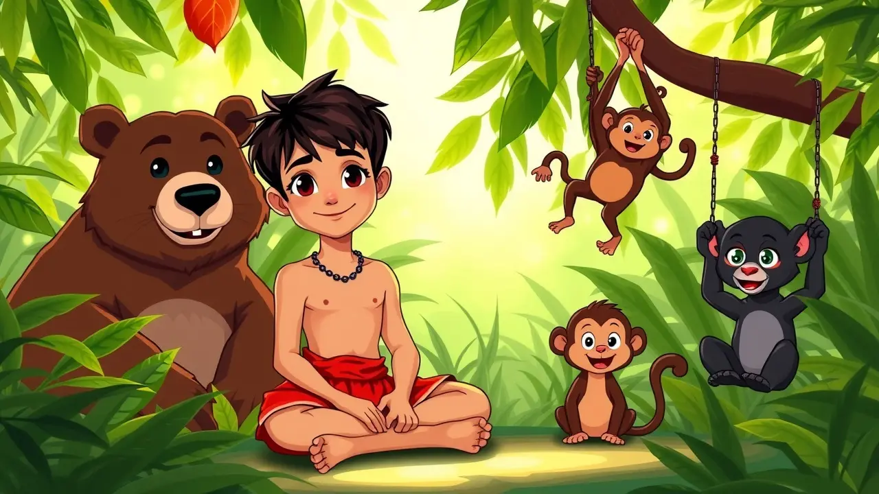 Menino Mogli na selva com animais amigos