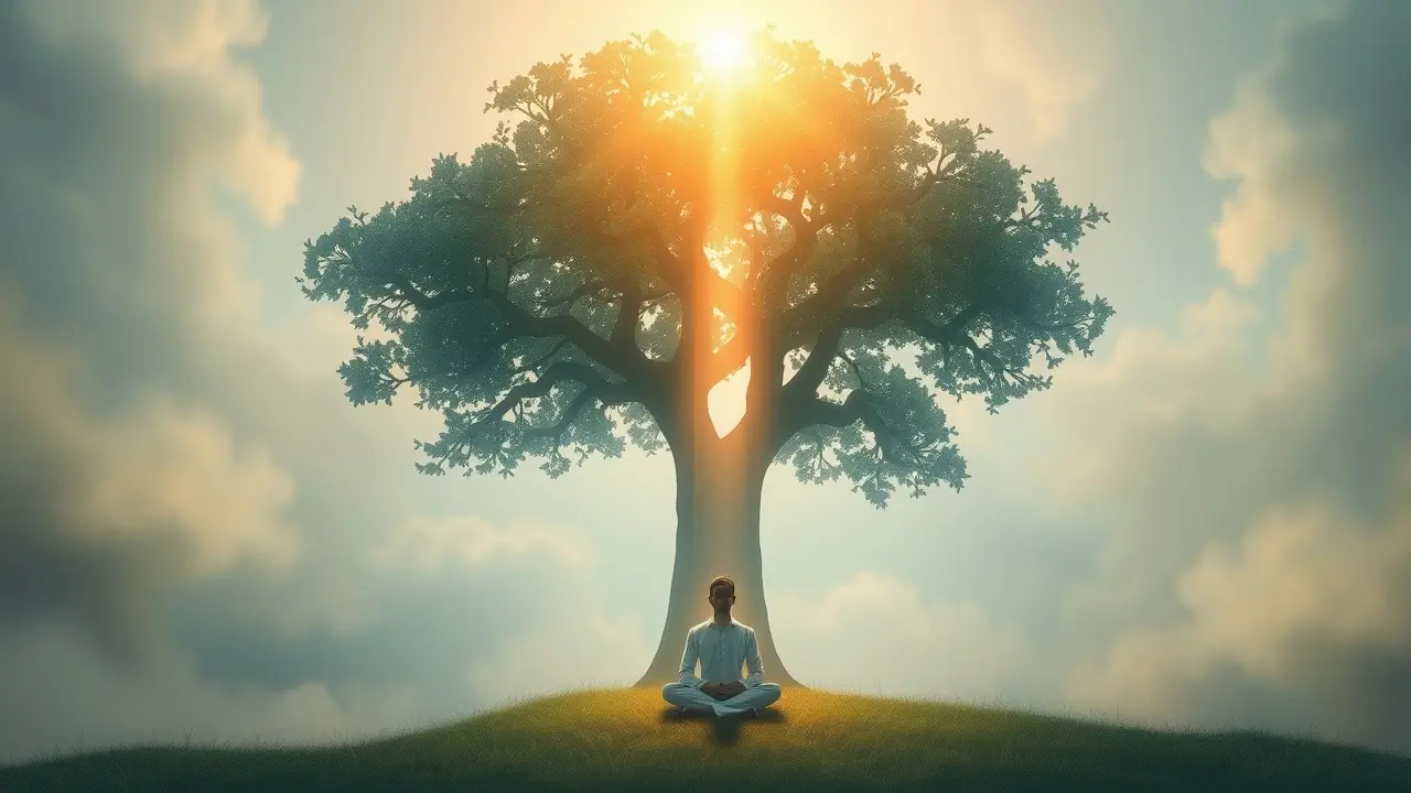 Sonhar com Moksha: Desvende o Significado Espiritual e o Caminho para a Libertação Pessoa meditando sob a árvore Bodhi, buscando a iluminação.