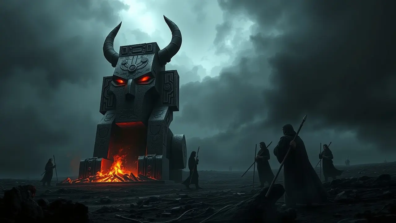 Significado de Sonhar com Moloch: Interpretações e Reflexões Ilustração sombria de Moloch, ídolo de sacrifícios.