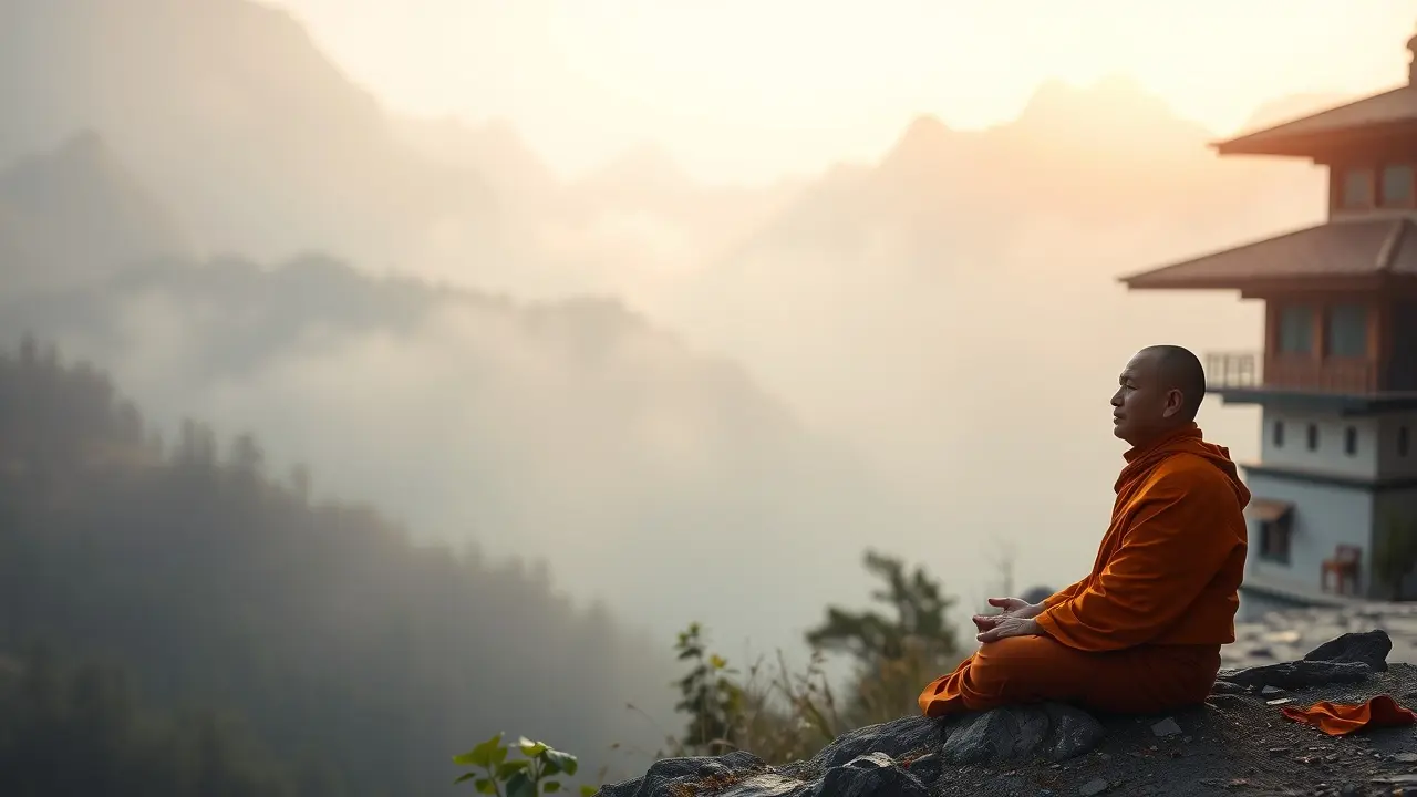 Significado de Sonhar com Monge: Paz Interior e Sabedoria Monge meditando em mosteiro na montanha