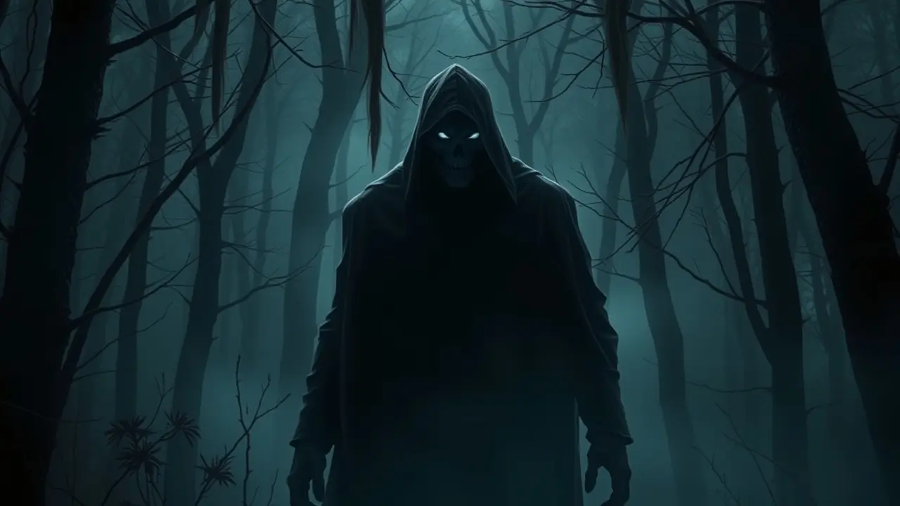 Ilustração de um monstro sombrio na floresta.