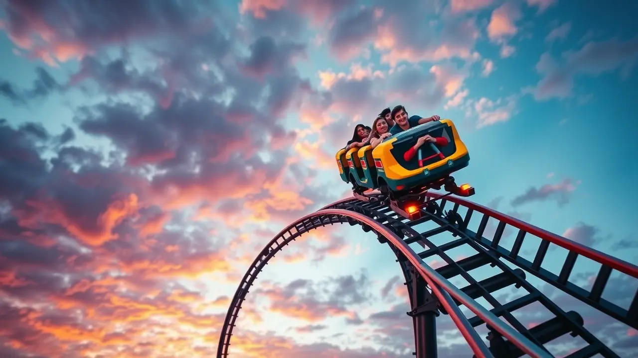 Montanha-russa em parque de diversões ao entardecer.
