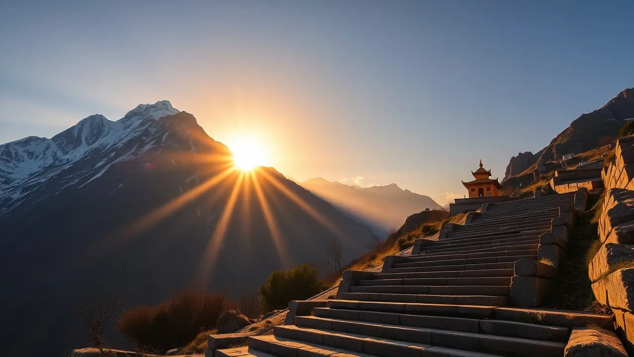 Visão inspiradora de montanha sagrada com templo ao pôr do sol