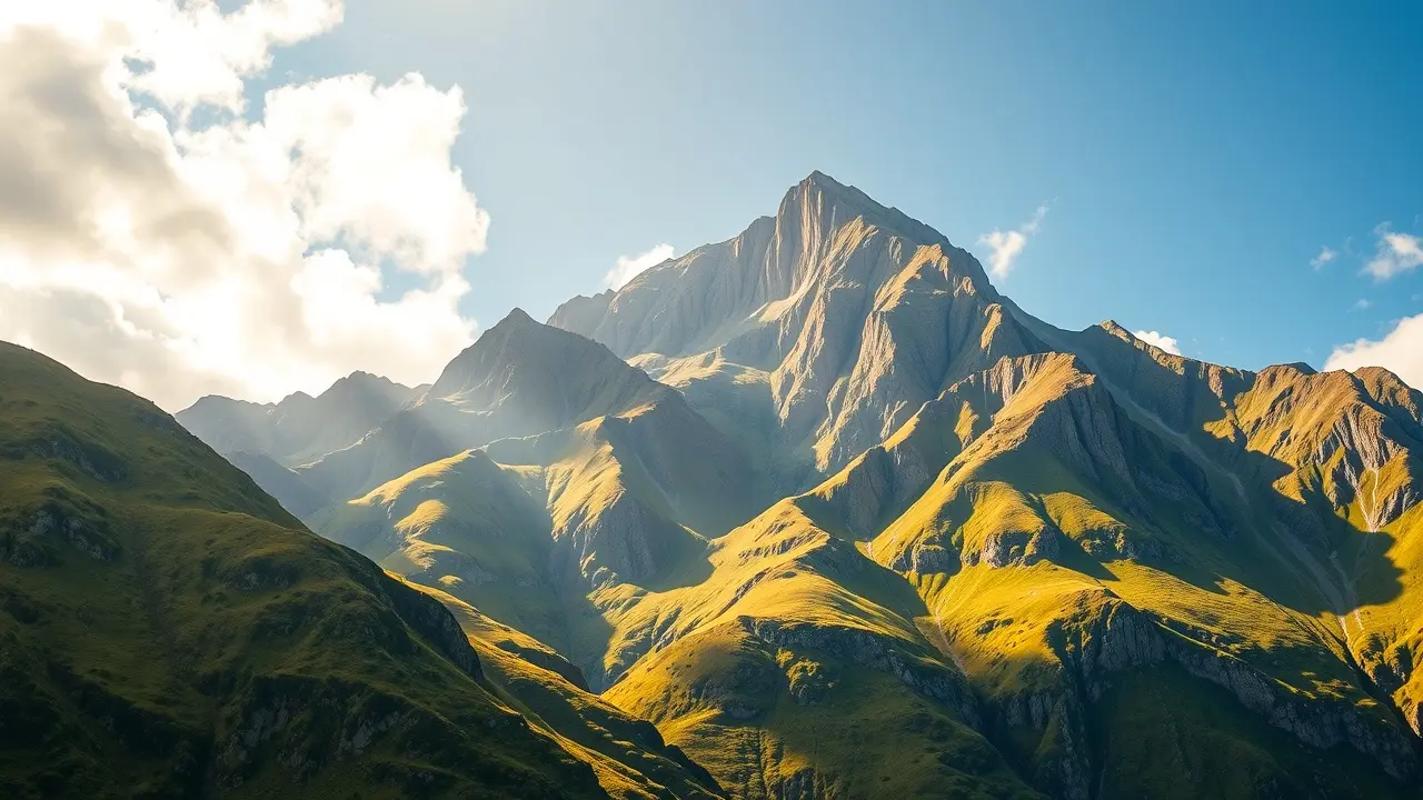 Visão de uma imponente montanha ensolarada.